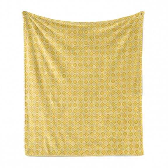 Ethnic Soft Flannel Fleece Throw Blanket, Traditional Eastern Inspired Motifs in Monochrome Rhombus, Cozy Plush for Indoor and Outdoor Use, 50" x 60", Earth Yellow and White, by Ambesonne