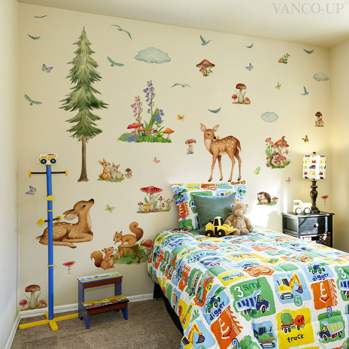 Jungle Animals Wall Decals Safari Cartoon Animals Stickers Watercolor Tree Animal Wall Stickers, Nursery Woodland Decor Bear Deer Forest Animal Decal for Bedroom Playroom Room Daycare Decor