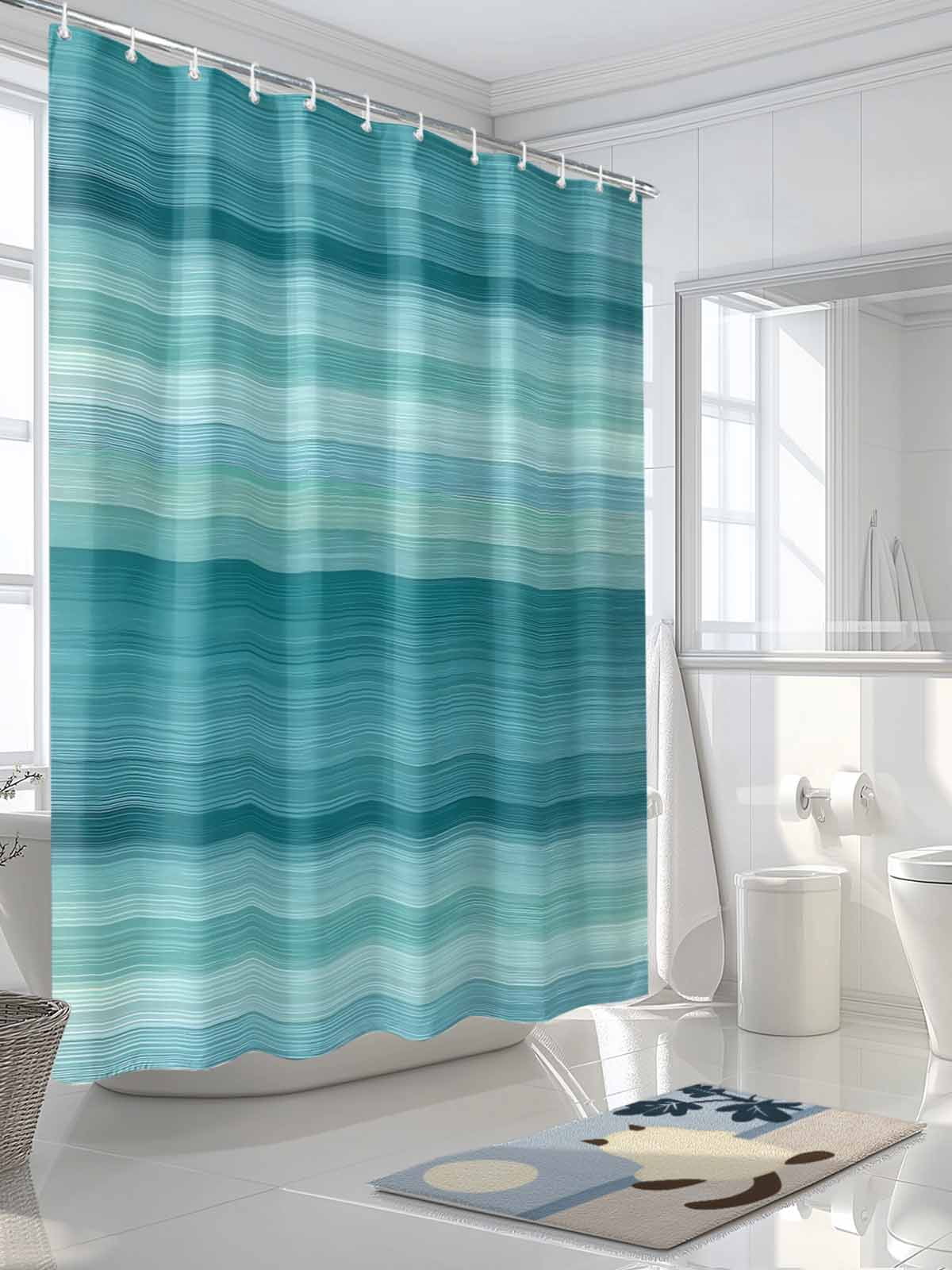Boanket Polyester Fabric Teal Turquoise Aqua Ombre Shower Curtain, Contemporary Abstract Lines Waterproof Bathtub Curtain Bathroom Decor Set with Hooks 72 x 72 Inches,