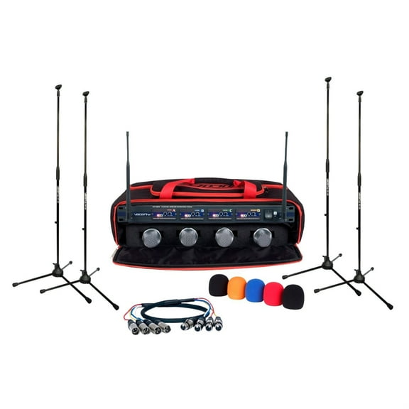 Professional 4 Channel UHF Wireless Microphone System with Mic Stands