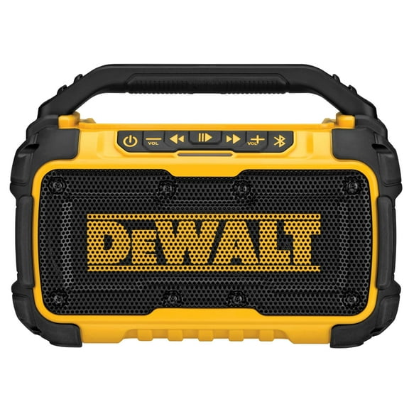 DEWALT 20V MAX Bluetooth Speaker, 100 ft Range, Durable for Jobsites, Phone Holder Included, Lasts 8-10 Hours with Single Charge (DCR010)