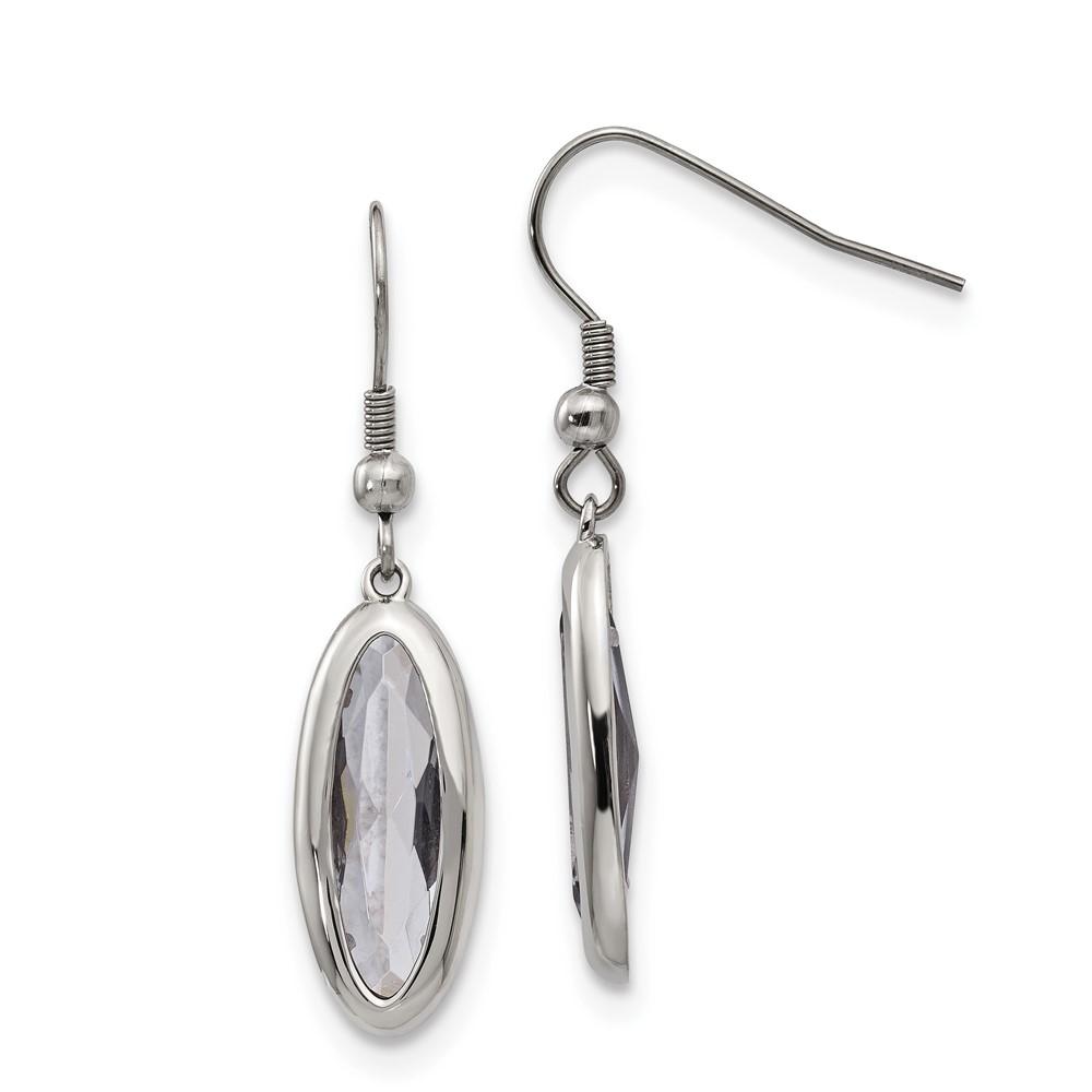 Stainless Steel Polished Grey Glass Oval Dangle Shepherd Hook Earrings - image 1 of 4