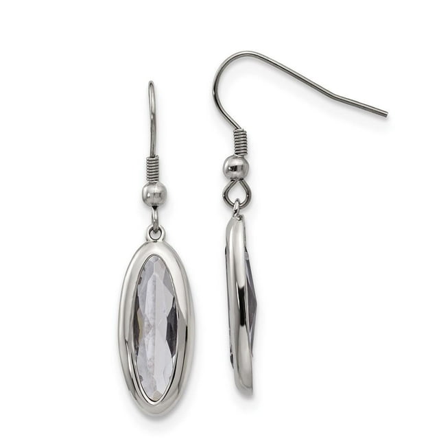 Stainless Steel Polished Grey Glass Oval Dangle Shepherd Hook Earrings