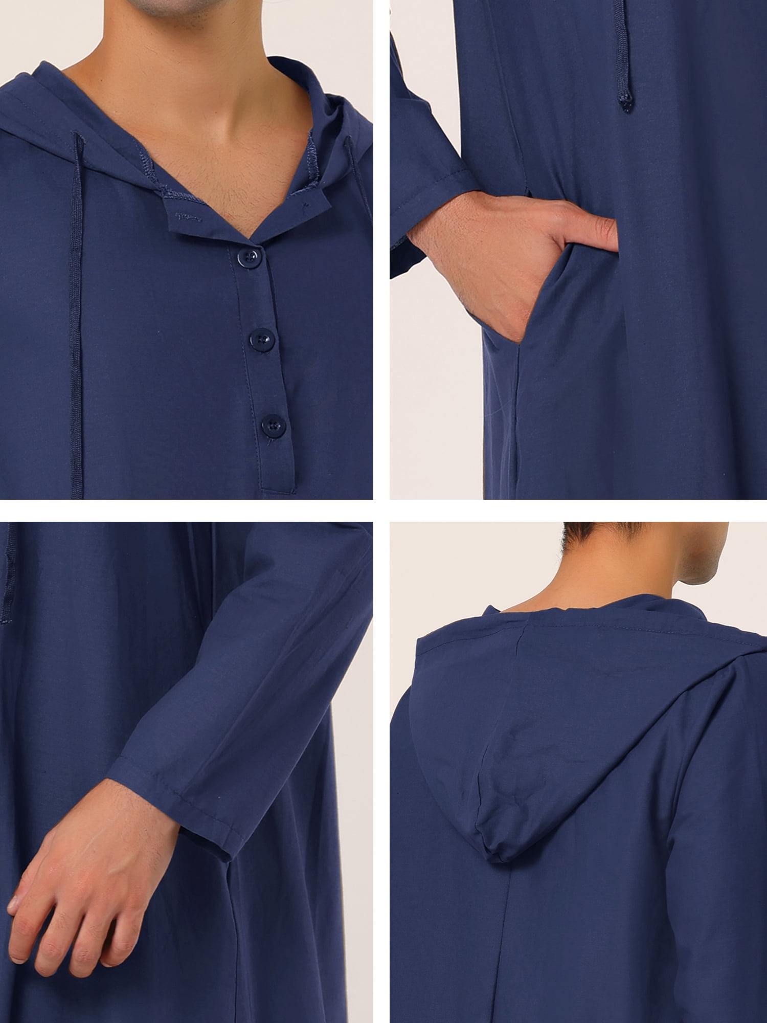 Unique Bargains Men's Nightshirt Long Sleeves Hooded Loungewear Nightgown Pajamas S Navy Blue