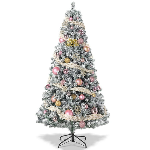 Erivess 7 FT Artificial Christmas Tree, Snow Flocked Xmas Tree with 1200 Branch Tips, Metal Hinges & Foldable Base