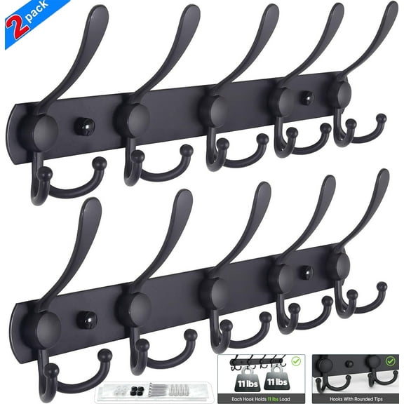 Wall-Mounted Coat Rack - 5 Tri-Hook Aluminum Alloy Metal Hook Rail for Coats, Hats, Towels, Purses, Robes - 2-Pack (Black) for Mudroom, Bathroom, Entryway
