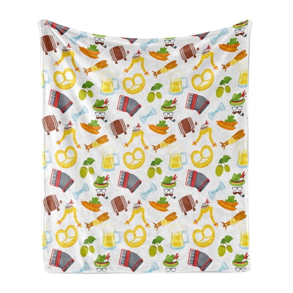 Bavarian Soft Flannel Fleece Throw Blanket, Cartoon Arrangement Traditional Motifs Pretzel Beer and Sausage Retro Classic, Cozy Plush for Indoor and Outdoor Use, 70" x 90", Multicolor, by Ambesonne