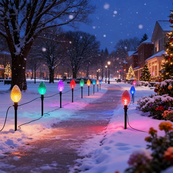 Beatineon 23ft C9 Faceted Pathway Lights, 12 Multicolor Christmas String Lights with 12 Ground Stakes, IP65 Waterproof Connectable Outdoor Decor, ETL Listed