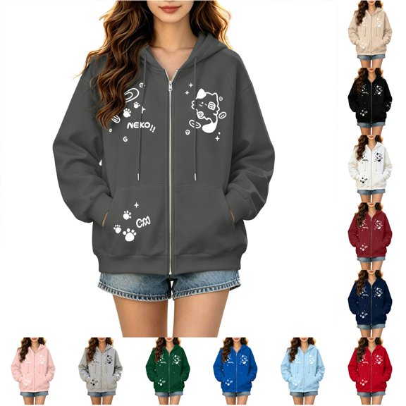 DHFJKG Zip Up Hoodies Women Cute Cat Printed Sweatshirts Kawaii Long Sleeve Fall Sports Jackets