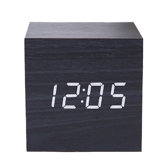 Square Wood Grain Electronic Clock led Silent Desktop Clock USB/Battery Powered Temperature Display