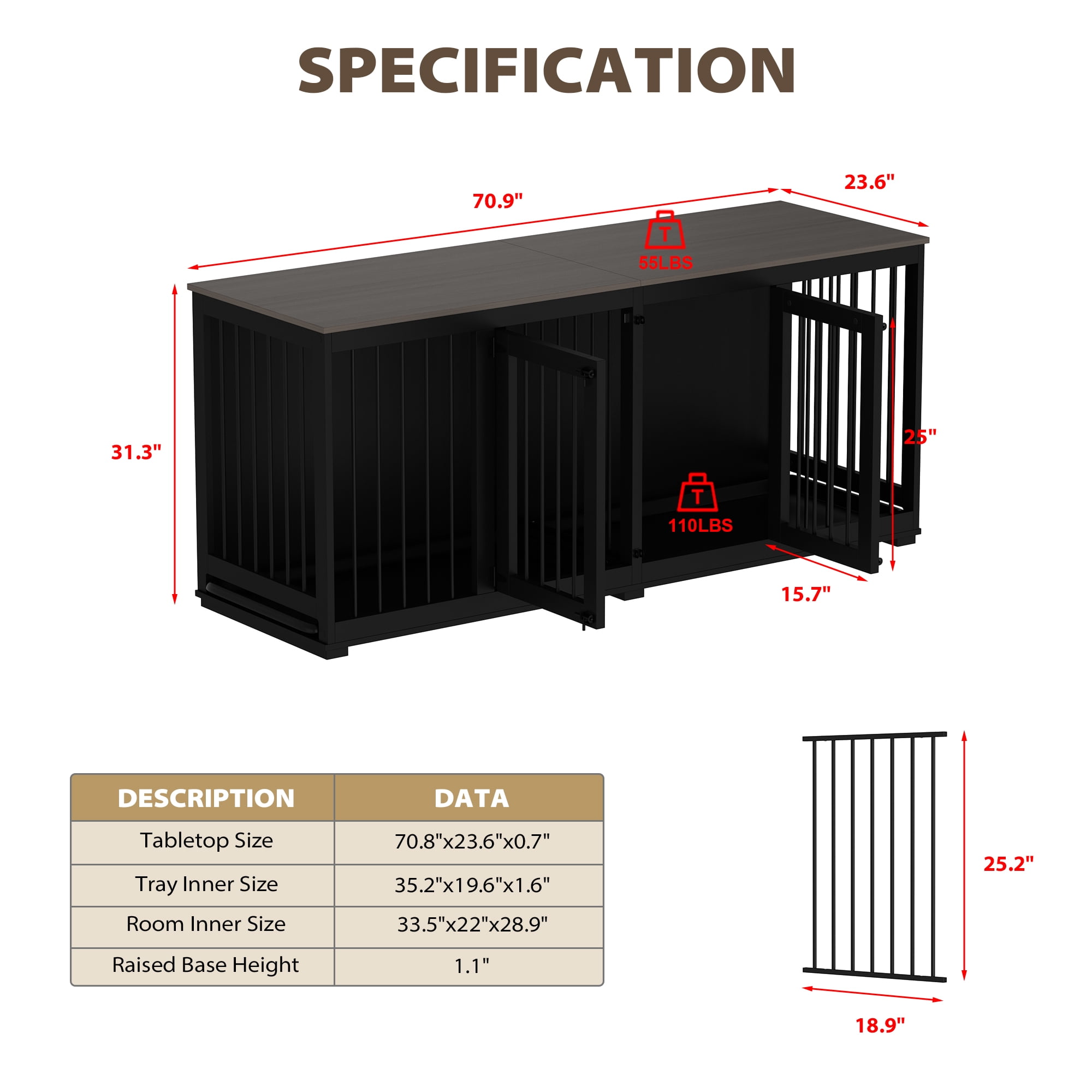 NARTRU Dog Crate Furniture, Wooden Dog Kennel with Tray and Divider, 70.9" , Black