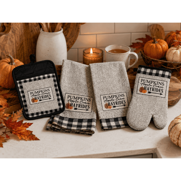 Serafina Home Country Black White Check Kitchen Towels Pot Holder Set: Harvest Farm Sign for Pumpkins Apple Cider Hayrides Fall Fun