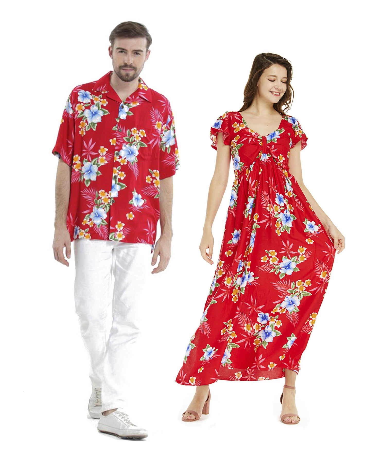 Couple Matching Hawaiian Luau Aloha Shirt Maxi Tank Dress in SunBlue