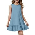 thumbnail image 2 of BRGZLK Summer Dresses for Kids,Girls Trendy Solid Color Sleeveless Round Neck Swing A-Line Mini Dress Light Blue 9-10 Years, 2 of 7