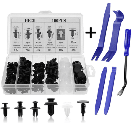 

100PCS 6 Sizes Car Bumper Retainer Clips & Nylon Fasteners Rivet Kit Bumper Quick Release Auto Push Pin Rivets Set Door Trim Panel Clips for GM Ford Toyota Honda Chrysler(With Removal Tool Kit)
