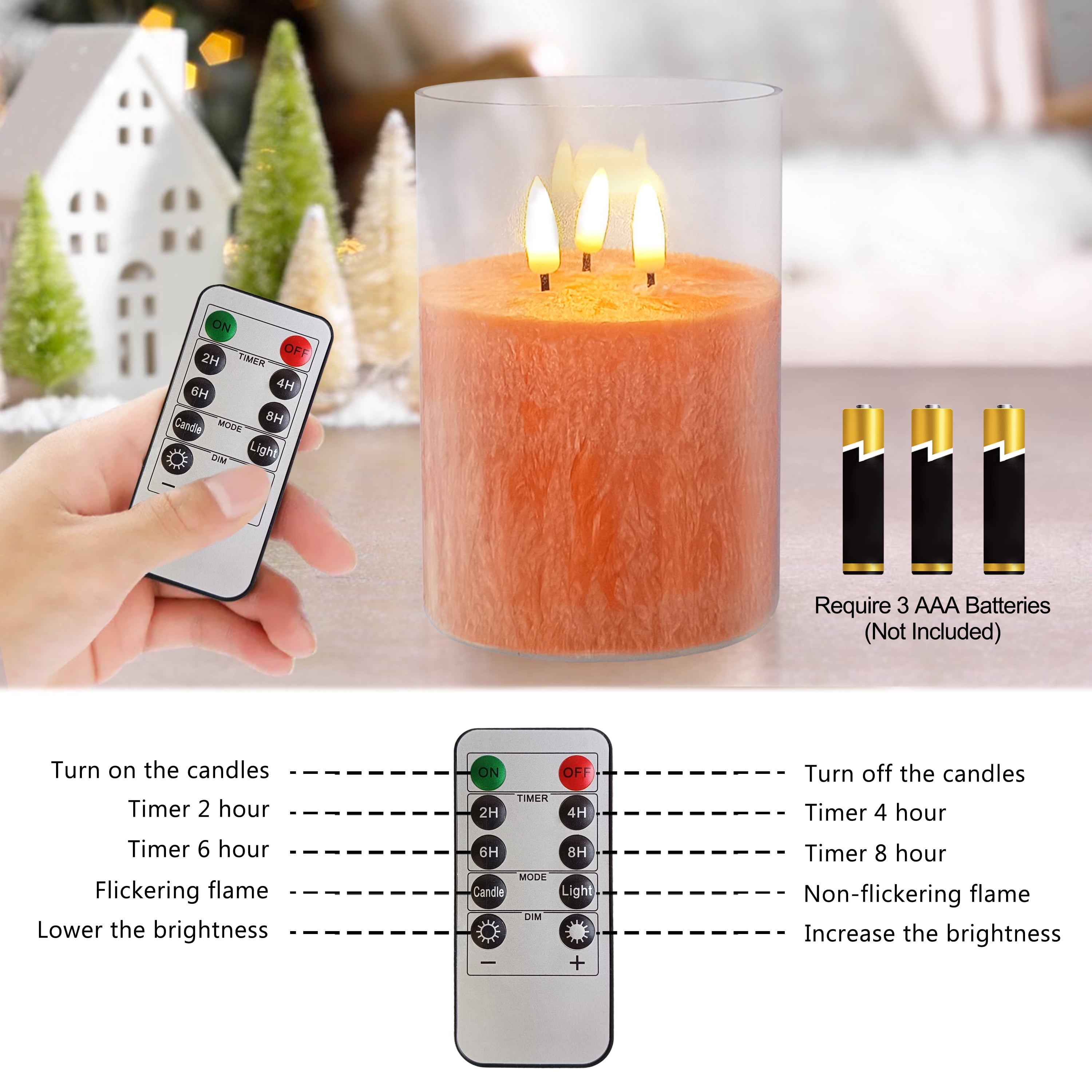 FCMSHAMD 5Inch Flameless Candle with 3 Wicks, Glass LED Pillar Candle, Real Wax Battery Operated Candle with Remote Control and Timer, Orange