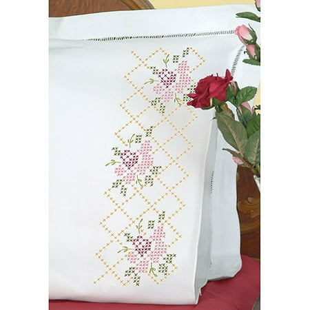 Jack Dempsey Rose Lattice Stamped Pillowcases With White Perle Edge