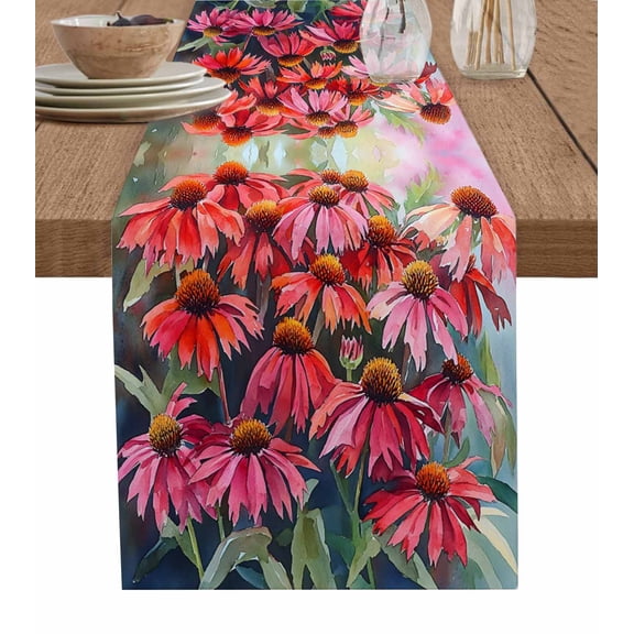 Red Foral Table Runner 70 Inches, Spring Botanical Flowers Leaves Oil Painting Bed Runner Dresser Scarves Tabletop for Indoor Outdoor Parties/Ceremony/Banquet, 13" x 70"