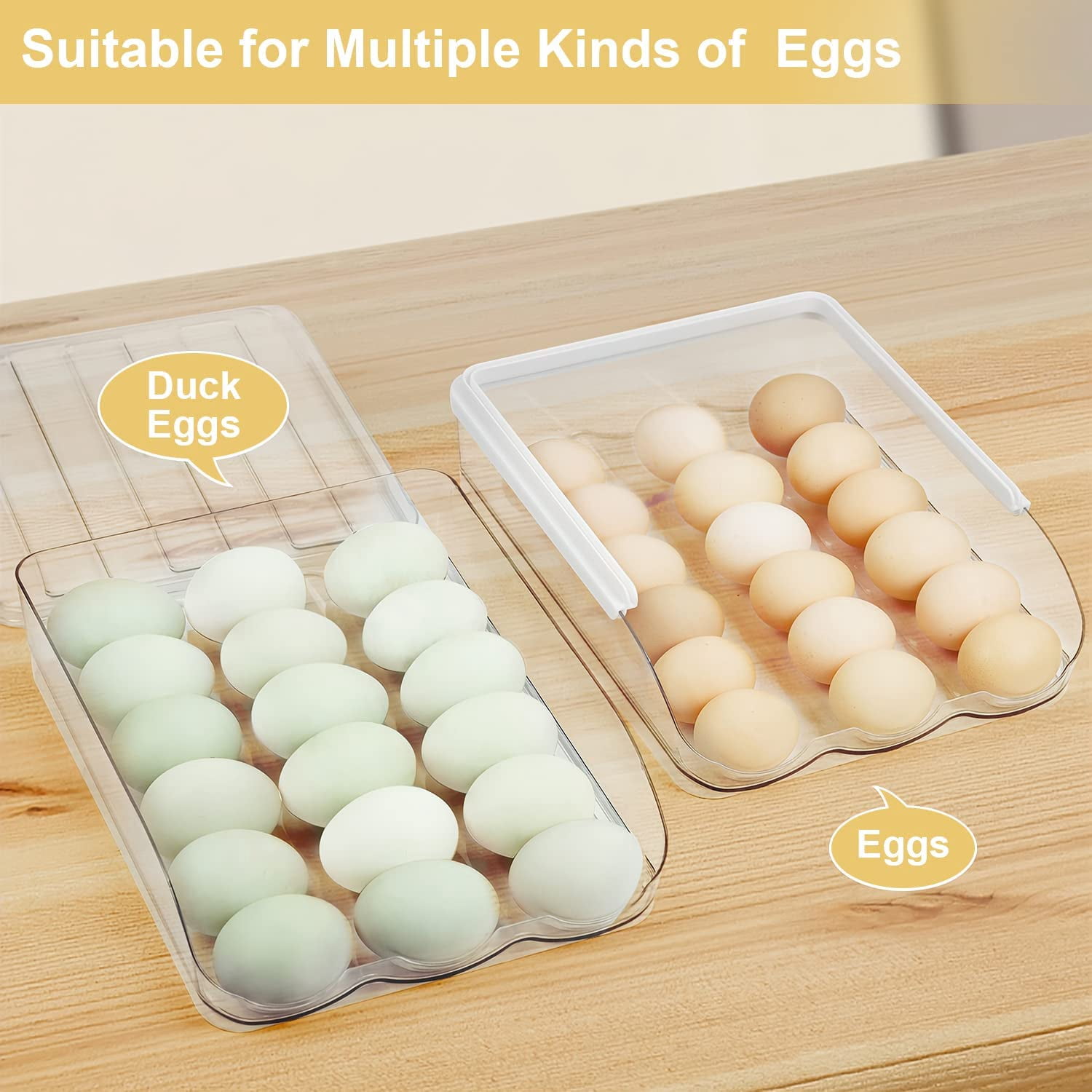 Set of 2 Auto Rolling Storage Container 18 Egg Tray with Lid Clear Plastic Egg Dispenser Egg Tray and Bin