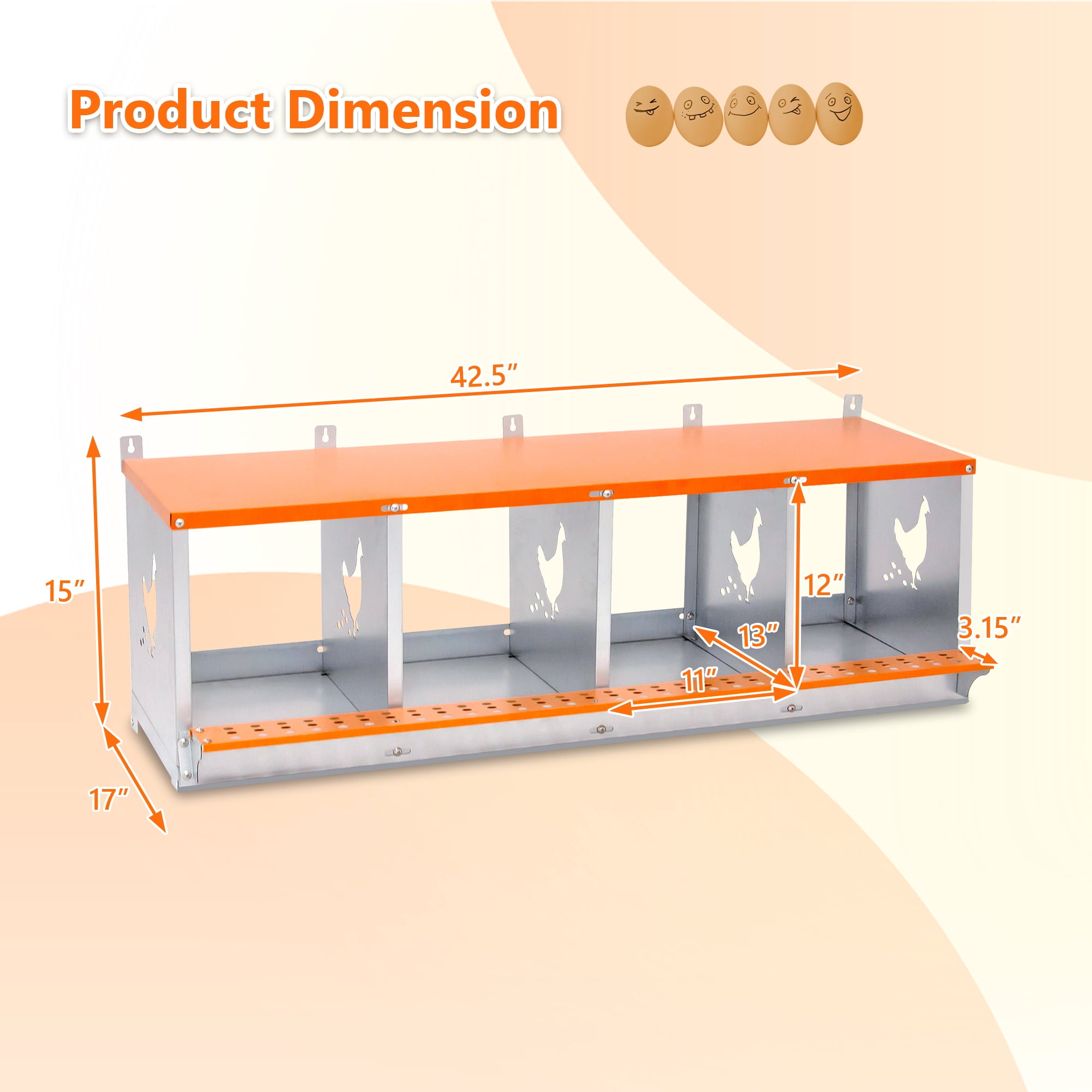 4-Bay Wall Mount Metal Nest Box for Hens Ducks, Orange Galvanized Steel Poultry Coop Equipment with Vented Design & Coconut Fiber Pad, Easy Egg Collection & Assembly