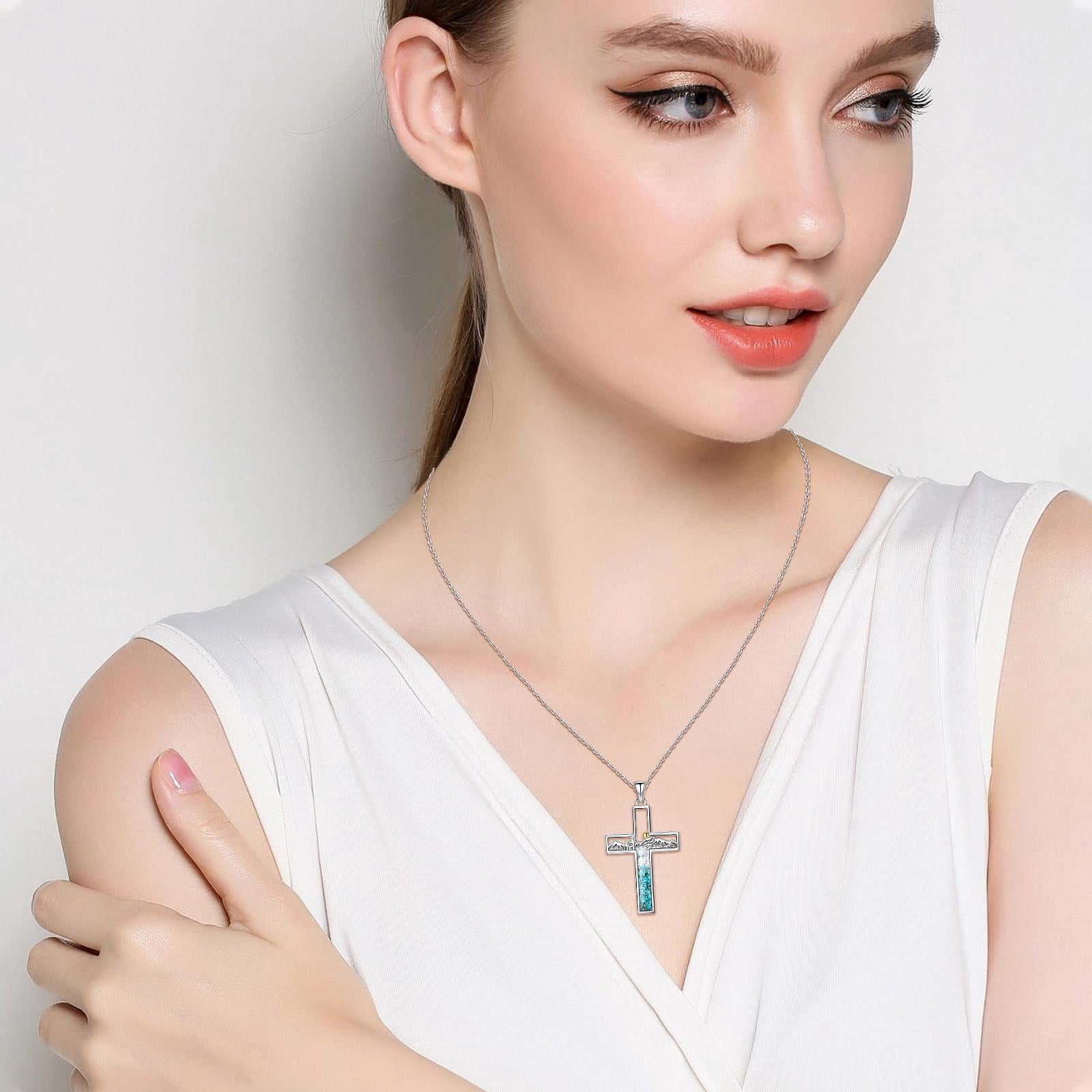 Coachuhhar Corss Necklace for Women 925 Sterling Silver Crushed Turquoise Mountain Sunset Pendant Nature Jewelry Faith Gifts for Christian Hikers Lovers