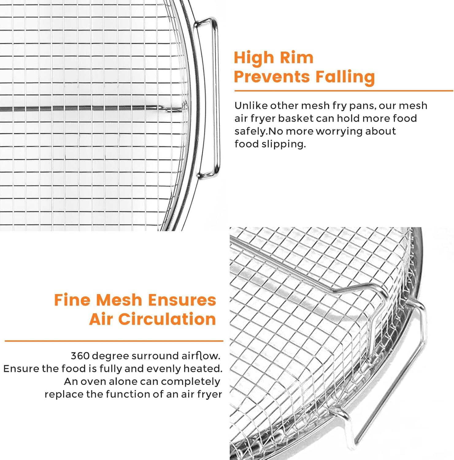 Air Fryer Basket for Oven, 2 Piece Round Silver 13" Non-stick Crisper Tray, Non-stick Stainless Steel Oven Air Fryer Basket and Tray for Baking & Crispy Foods, Dishwasher Safe
