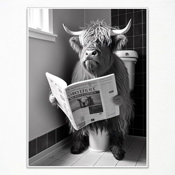 Highland Cow Canvas Wall Art, Cow Sitting on The Toilet Reading Newspaper Print Poster, Funny Animal Bathroom Pictures for Toilet Guest Room Wall Decor Perfect holiday gift