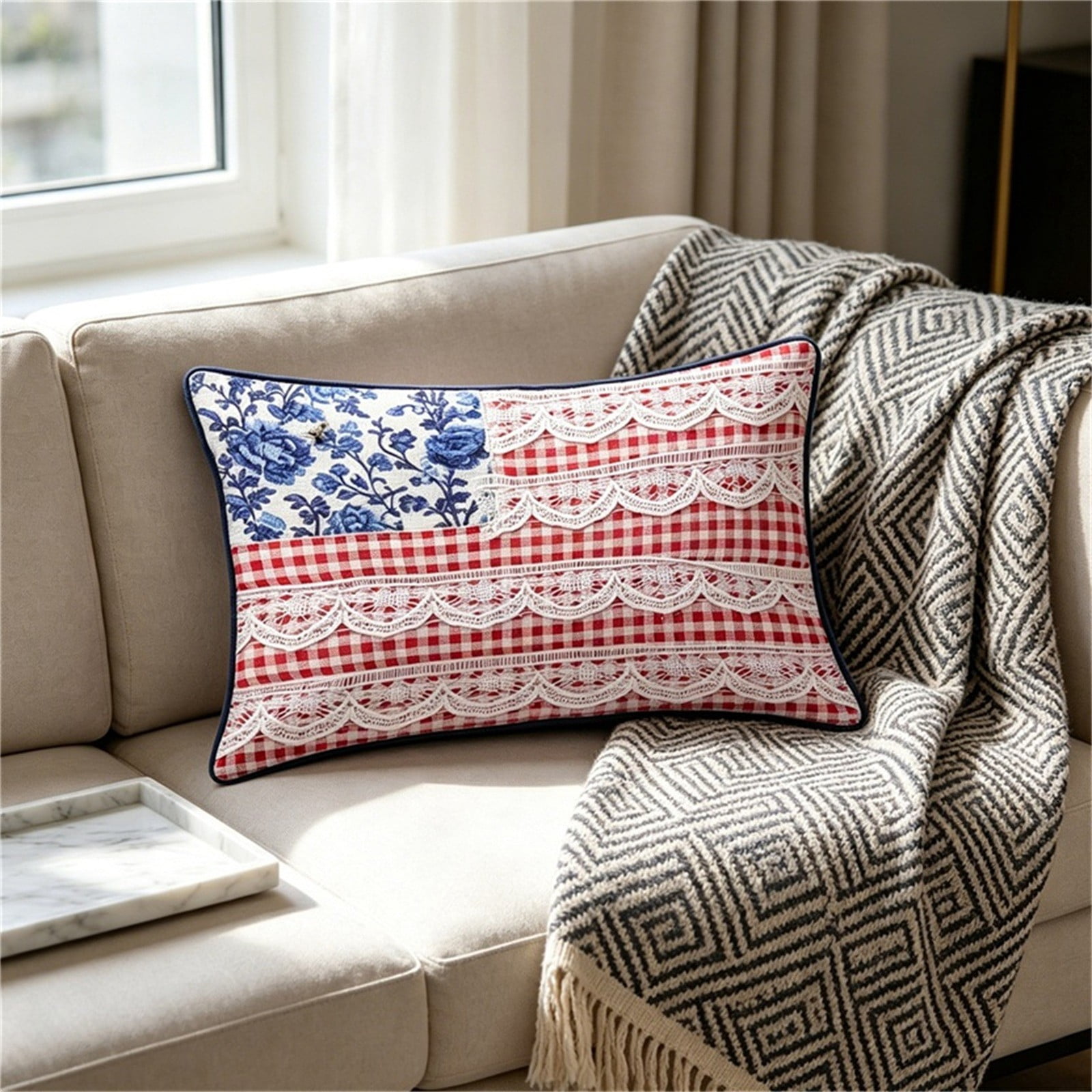 Patriotic Pillow - 9x15in Throw Pillow Cover for 4th of July Patriotic Independence Memorial Day Stripes America Flag Decor Cushion Case for Sofa Couch