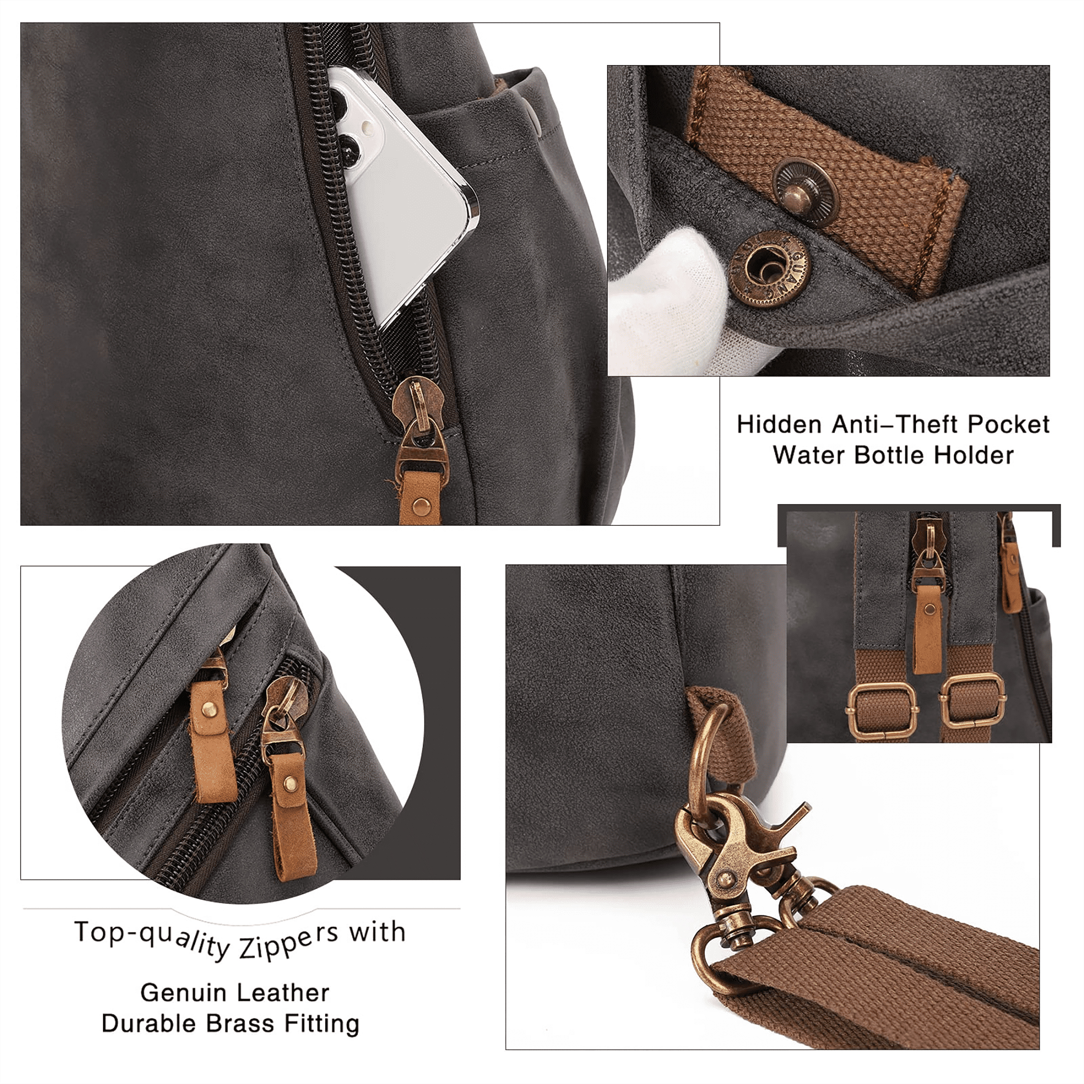 KL928 Vintage Leather Fanny Packs,Multi-pockets Sling bag for Men and Women,Black