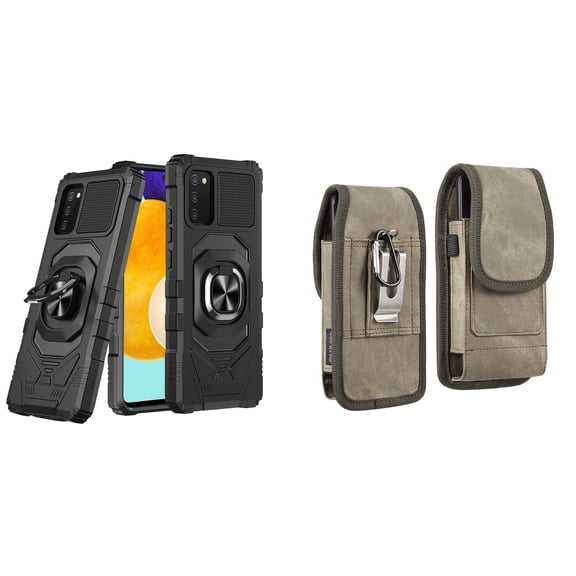 Case with Belt Holster Bundle for Samsung Galaxy A03s: Heavy Duty Series Protection Cover (Black) and Vertical Rugged Denim Nylon Phone Pouch (Brown)