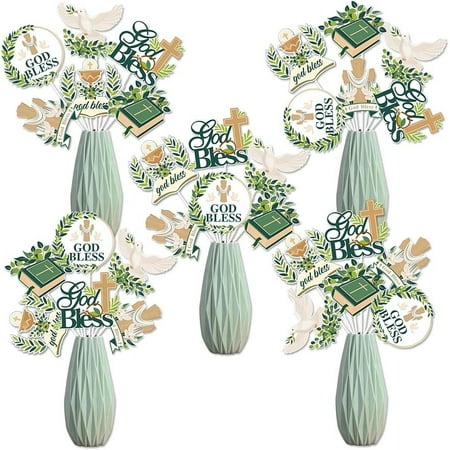 24Pcs Baptism Table Centerpieces, God Bless Centerpieces Sticks Table Toppers First Communion Christening Decorations Party Supplies Sage Green