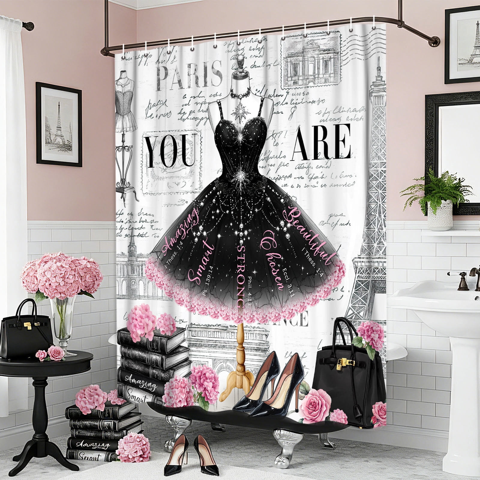 Black Girly Dress Shower Curtain, Fashion Modern Ballet for Girls Women Bath Curtain, Eiffel Tower Paris Perfume High Heels Makeup Bathroom Decor Fabric Polyester Waterproof with Hooks,60X70in
