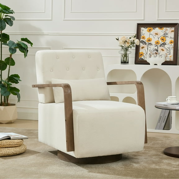 JUSTLET Swivel Accent Chair, Modern Swivel Barrel Chair with U-shaped Wood Arm and Lumbar Pillow, Comfy Arm Chair for Living Room Bedroom, Beige