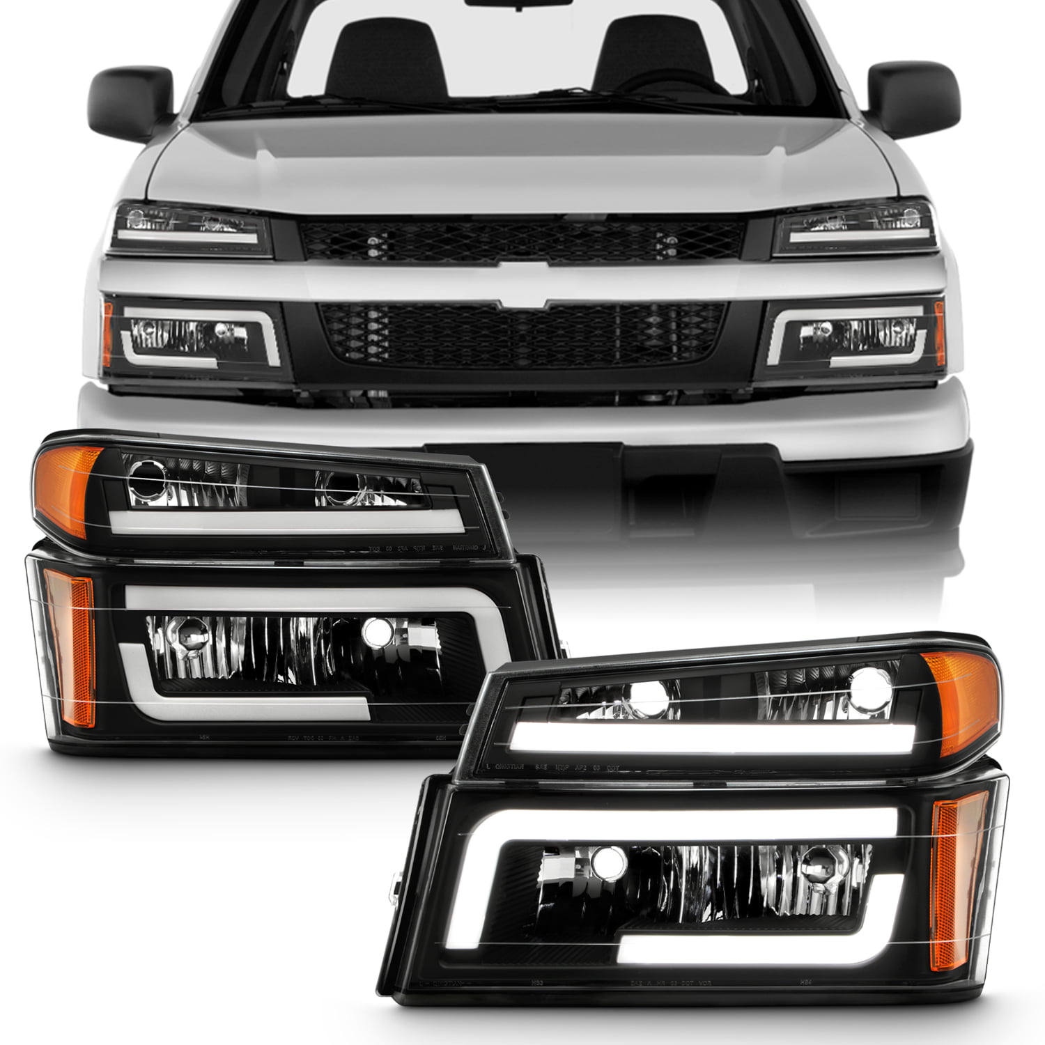 Bumper Lamps Replacement for Chevy Colorado GMC Canyon 04-12 4Pcs Black Housing Amber Coner LED DRL Headlight 