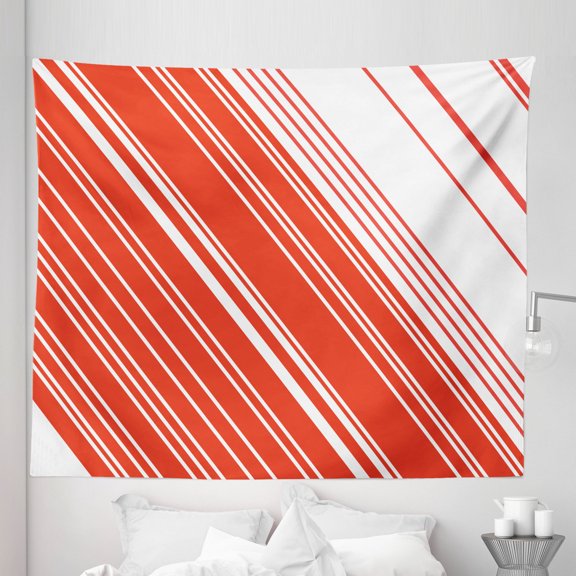 Candy Cane Tapestry, Diagonal Barcode Patterned Lines on White Background Abstract Geometric Design, Fabric Wall Hanging Decor for Bedroom Living Room Dorm, 5 Sizes, Red White, by Ambesonne
