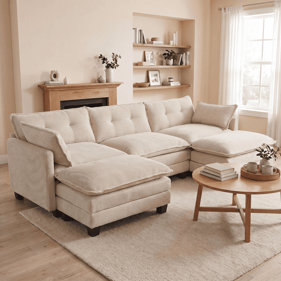 Amsleekey 111.5" Modular Sectional Sofa with 2 Movable Ottomans, U-Shaped Modern Corduroy Cloud Couch for Living Room, Comfy Deep Seat, Beige