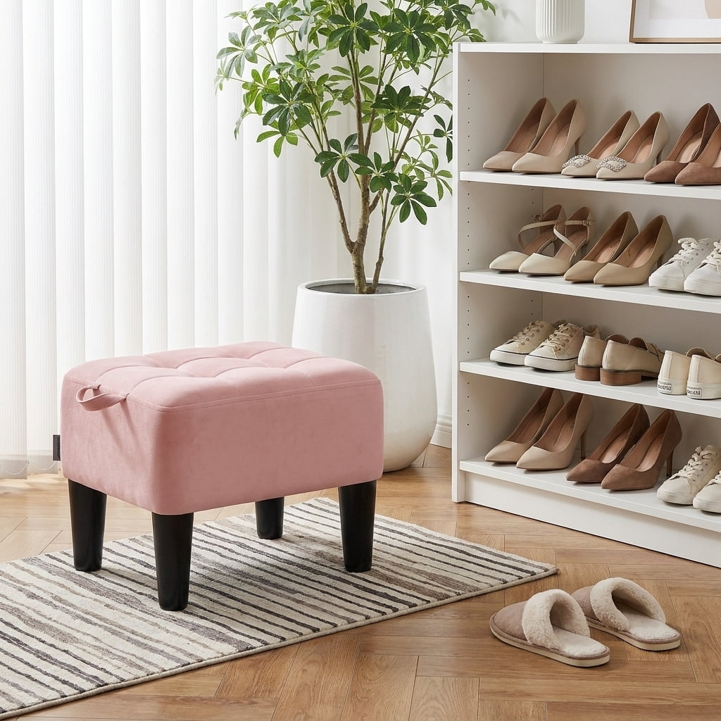 Ledrem Small Ottoman Foot Stool with Thick Cushion and Sturdy Angled Legs, Jelly Pink