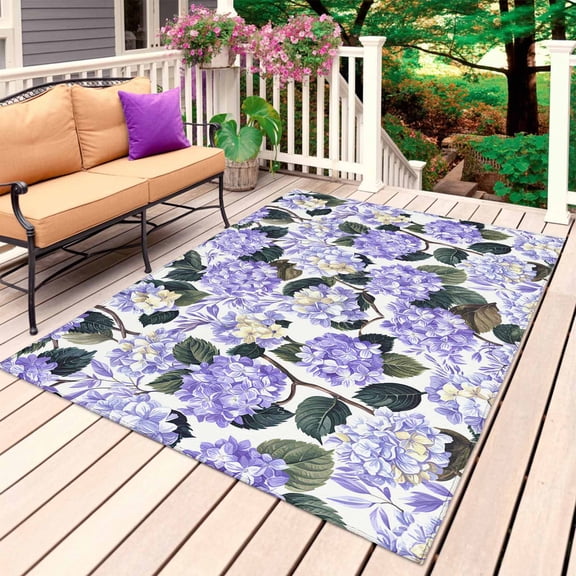 Purple Spring Floral Outdoor Rug for Patio/Deck/Porch, Non-Slip Large Area Rug 4 x 6 Ft, Watercolor Flowers Pastoral Indoor Outdoor Rugs Washable Area Rugs, Reversible Camping Rug Carpet Runner