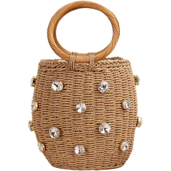 CAILDANL Straw Bucket Bag Wicker Handbag for Women Rattan Tote Bag with Pearl Flower Summer Beach Bag Drawstring