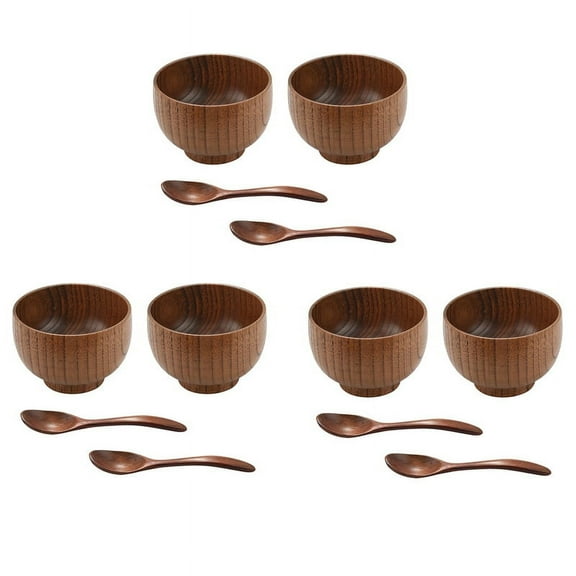 12 Pieces Wooden Handmade Bowl and Spoon for for Rice Serving Home Kitchen Tableware