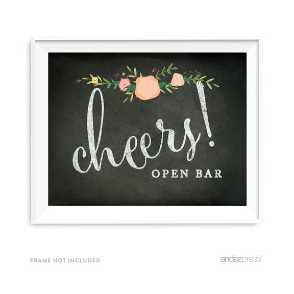 Open Bar Cheers! Chalkboard & Floral Roses Wedding Party Signs