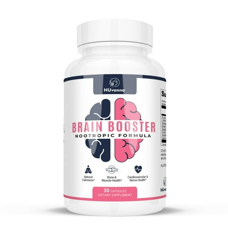 NUvanna Brain Booster Nootropic Formula - Supports Advanced Focus, Improve Memory & Cognition - Reduces Stress - Non GMO & Gluten Free Supplement - 30 Capsules - 1 Bottle