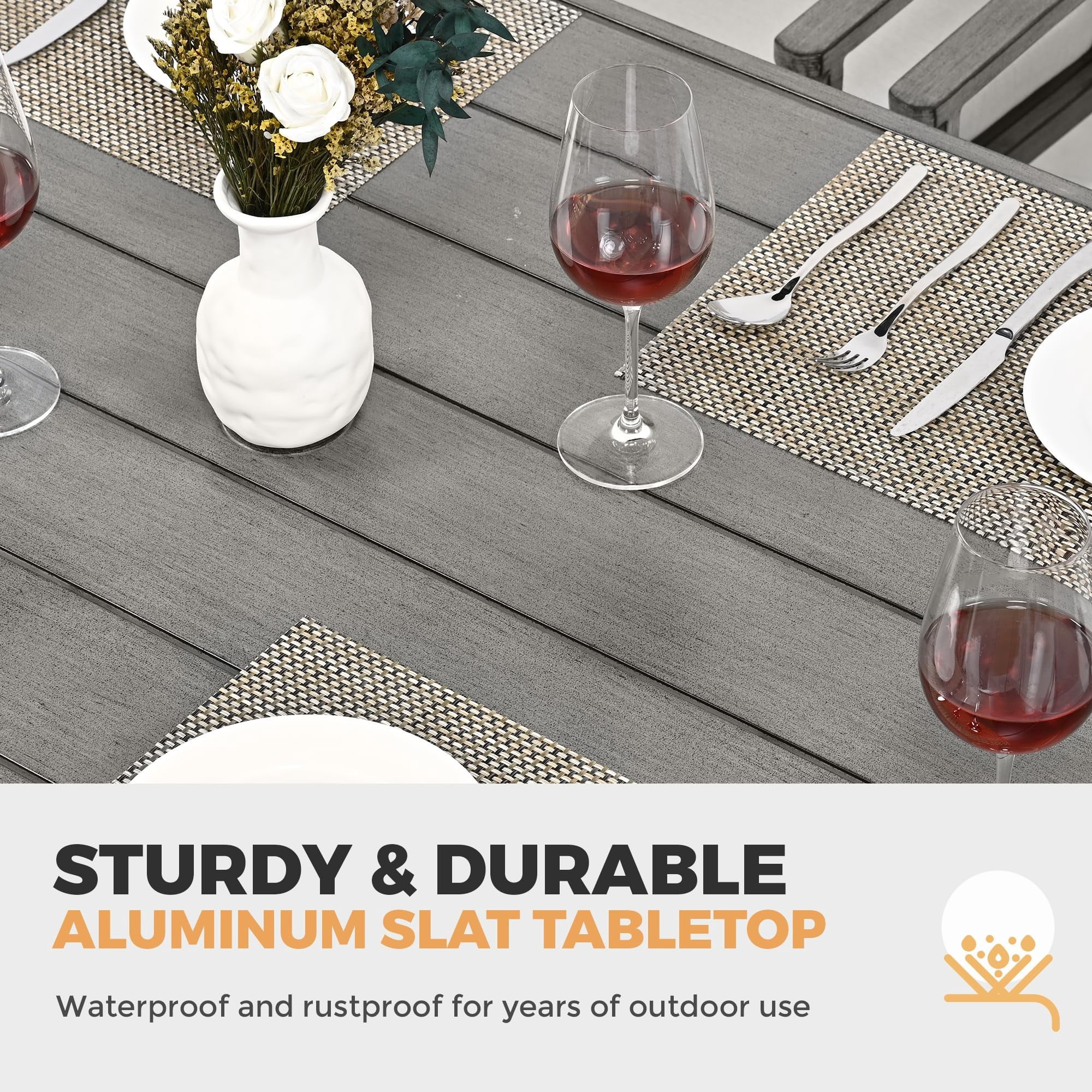 Square Outdoor Dining Table Aluminum Slat Patio Table for 4 with Umbrella Hole All Weather for Backyard Garden Deck Poolside, Gray