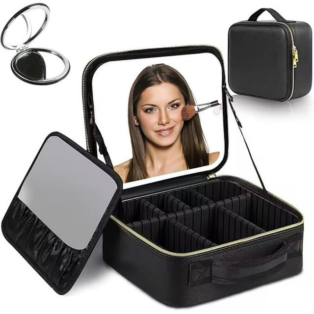 Bolsa de Maquillaje Profesional con Espejo LED, con Espejo, Estuche de Maquillaje, Bolsa de Cosmético, con Divisores Ajustable y Sensor táctil 3 Colores Luces de Intensidad Ajustable (Negro)