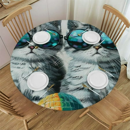 

Patifu Cute Cat Round Table Cover Stain Resistant & Washable for Indoor Outdoor Tablecloth Kitchen Dining Wedding Parties 100% Polyester Fiber Outdoor Fitted Mother s Day with Elastic Edge 42 -46