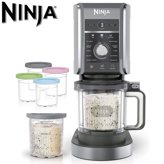 Ninja NC501 CREAMi Deluxe 11-in-1 XL Ice Cream Maker, Bundle with Deco Essentials 6 Pack of Pints and Lids, Silver ,