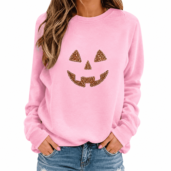 Dpjklzsn Women’s Halloween Pumpkin Sweatshirt, Glitter Jack O Lantern Graphic Crewneck Pullover, Long Sleeve Fall Casual Sweatshirt Top
