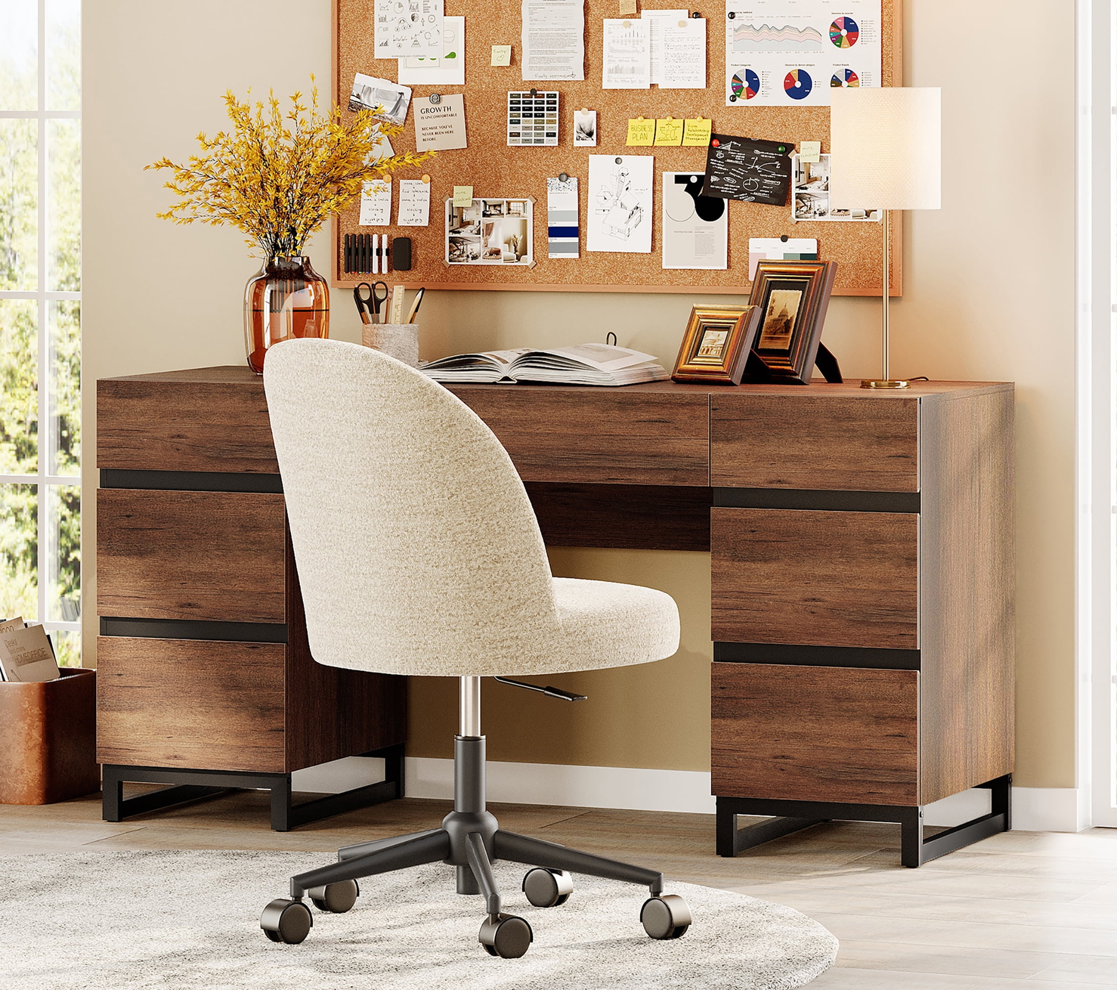 WAMPAT Home Office Set: 59" Modern Desk with Charging Station and Storage Cabinet, Two 72" Tall Bookcases With 3 Tiers And 4 Cabinets, Wood Computer Desk and Storage Cabinet for Work Study, Brown