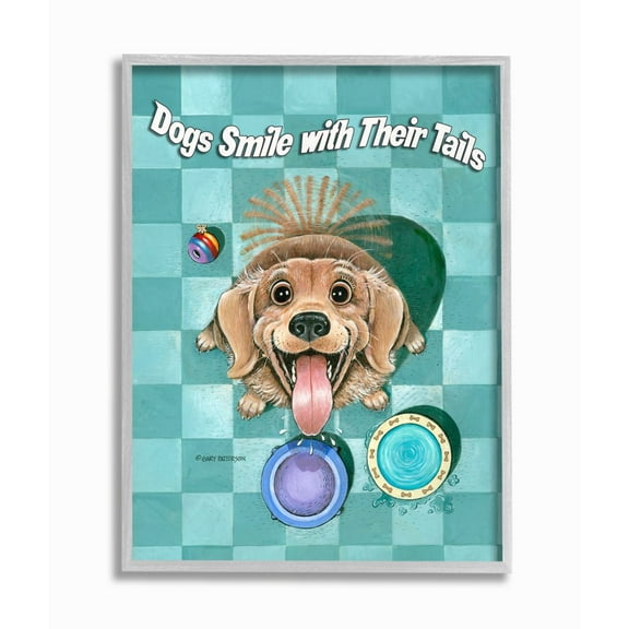 Dogs Smile With Their Tails Funny Cartoon Pet Design Gray Farmhouse Rustic Framed Giclee Texturized Art by Gary Patterson