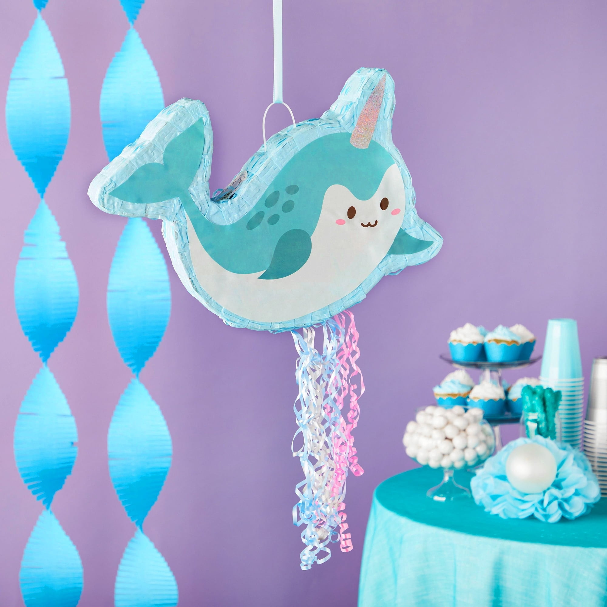 Pull String Narwhal Pinata for Birthday Party Supplies, Under the Sea Party  Decorations, Baby Shower (Small, 16.5 x 12.3 x 3 In)
